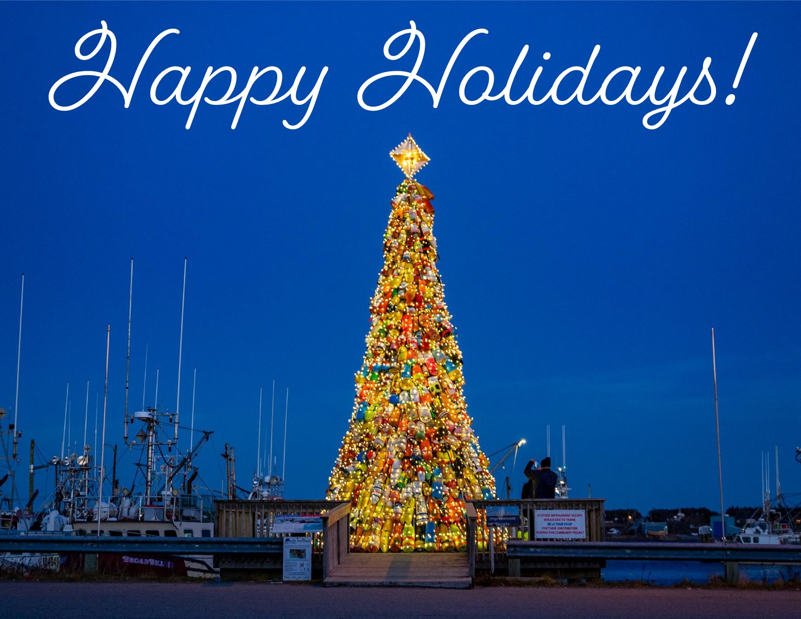 Buoy Christmas tree lit up against a dark blue sky.