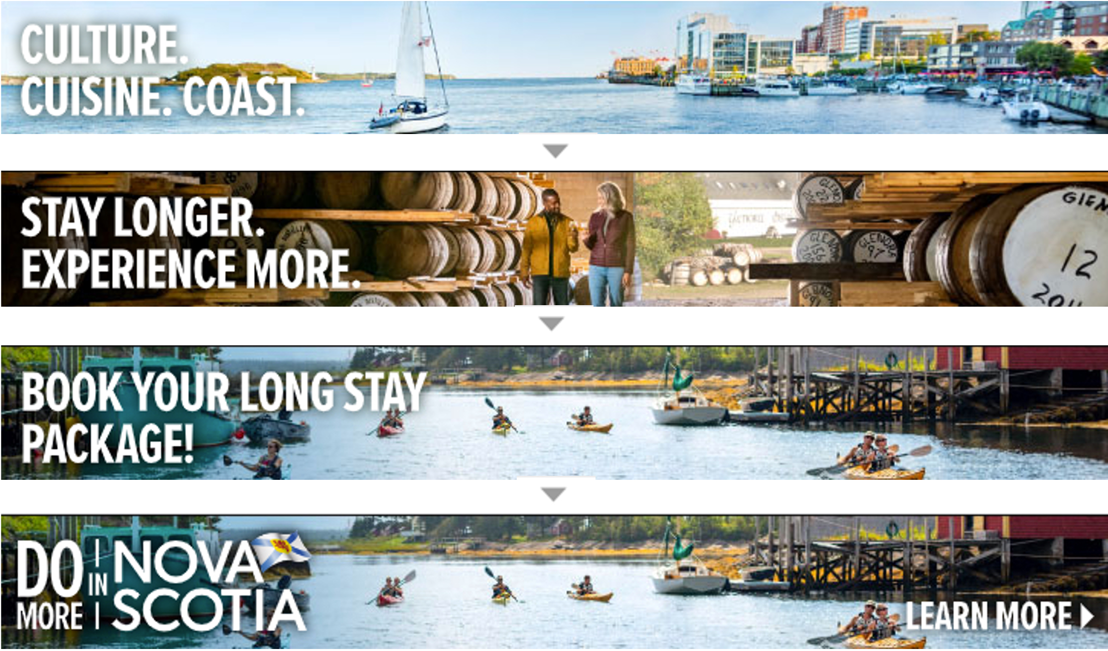 Four rectangular images stacked to demonstrate a digital display ad. The first image shows Halifax Harbour, the second shows  a man and woman walking through a shed of rum barrels, the third and fourth are a group of kayakers. Text reads Book your long stay package. The final image includes the Do More in Nova Scotia logo and button that says Learn More.