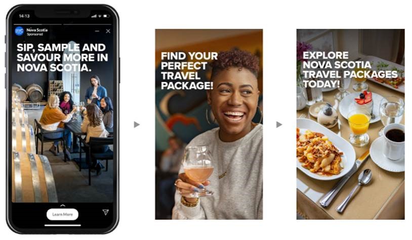 Sample social media story ad shows three images extending from a mobile phone.