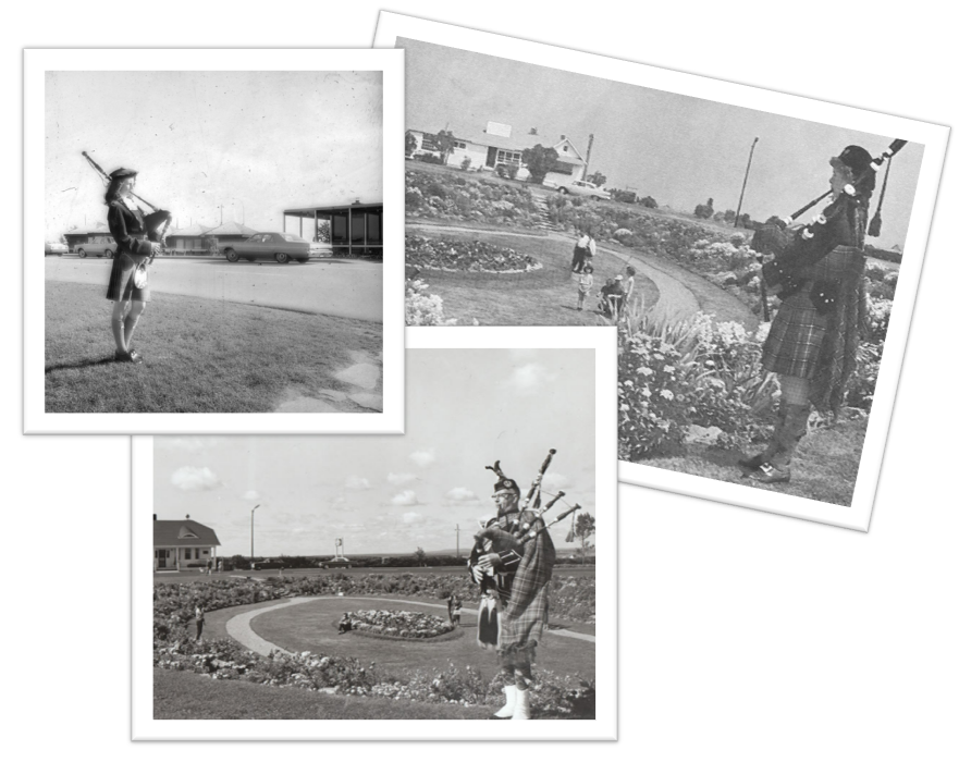 A collage of black and white photos of pipers at the Amherst VIC location. 