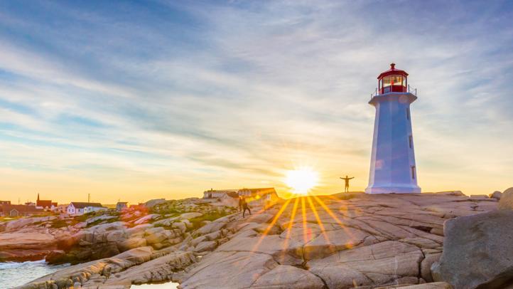 Peggys Cove Lighthouse at sunrise.