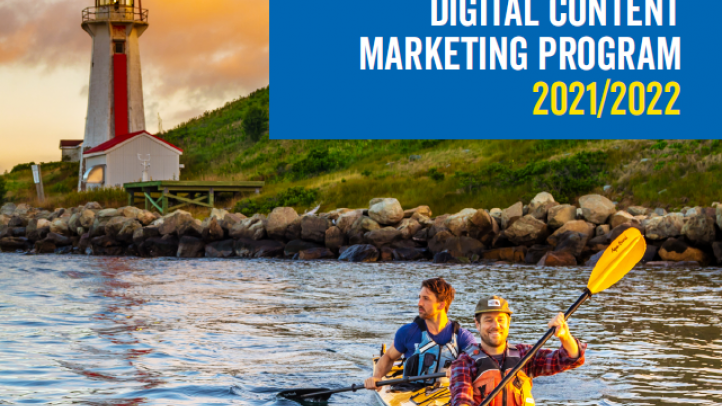 Two men kayaking in front of the lighthouse on Georges Island. Text reads: Digital Content Marketing Program 2021/22