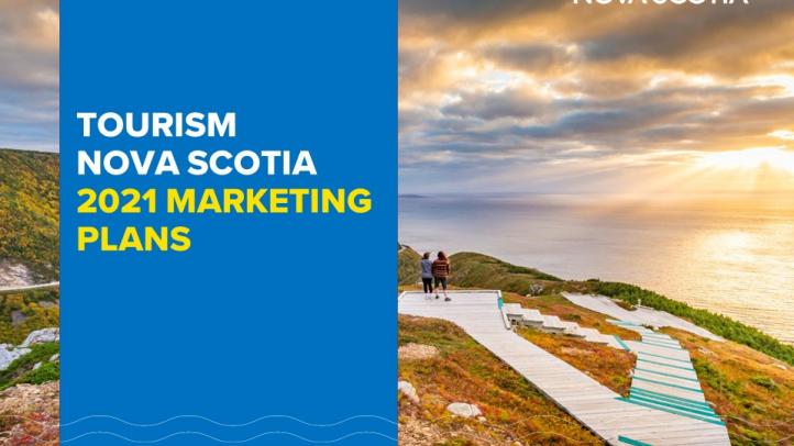 Image on the boardwalk on the Skyline Trail in Cape Breton Highlands National Park. Text Reads: Tourism Nova Scotia 2021 Marketing Plans