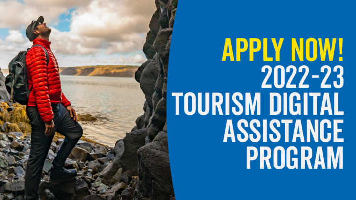 Dark blue background with wave pattern in the corners. Photo on the left shows a man in hiking clothes looking up at a rock cliff near the beach. Text reads: Apply Now! 2022-23 Tourism Digital Assistance Program