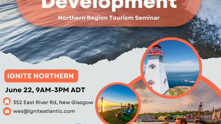 Destination Development Ignite Northern. June 22, 9am-3pm. Three circular images show a lighthouse, two people in lawn chairs by the sea and two people on a boat.