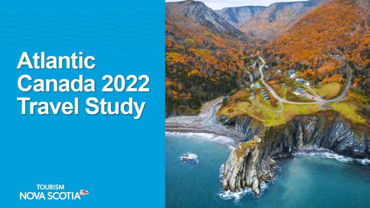 Blue background with title: Atlantic Canada 2022 Travel Study. On the right is an image of the Meat Cove campground in fall.