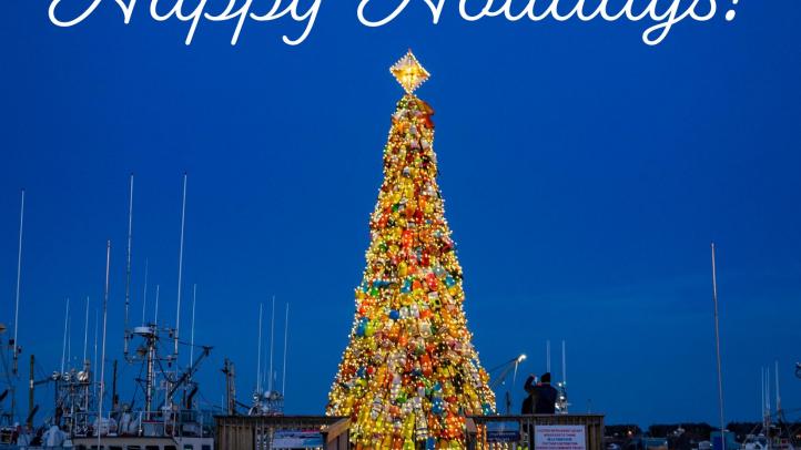 Buoy Christmas tree lit up against a dark blue sky with text Happy Holidays!