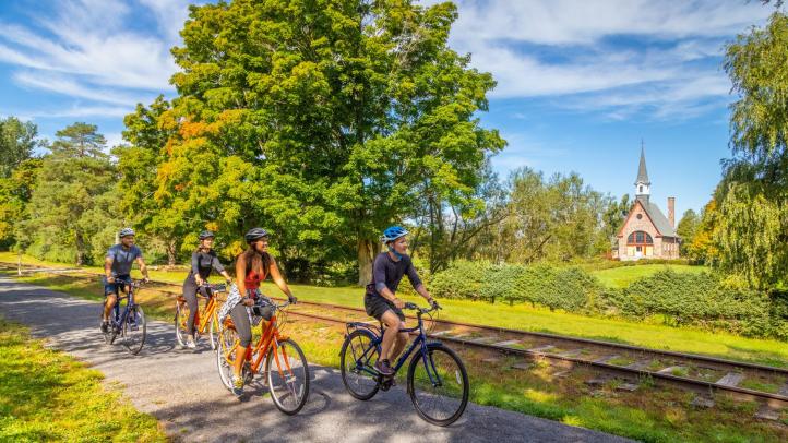 A group of four people riding on bikes along a paved bike path. 