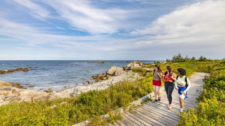 Visitors walking on the boardwalk at Kejimkijik National Park Seaside.