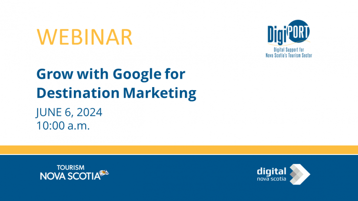 Slide image for a webinar called Grow with Google for Destination Marketing June 6, 2024 10:00am.