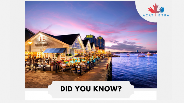 A slide with a photo of the Halifax waterfront at night with a restaurant patio with people at tables in the foreground and the harbour and the dusk sky in the background. On the slide there is text that says 'Did You Know?' The Atlantic Canada Agreement on Tourism (ACAT) has been operational and driving marketing for Atlantic Canada for over 30 years.